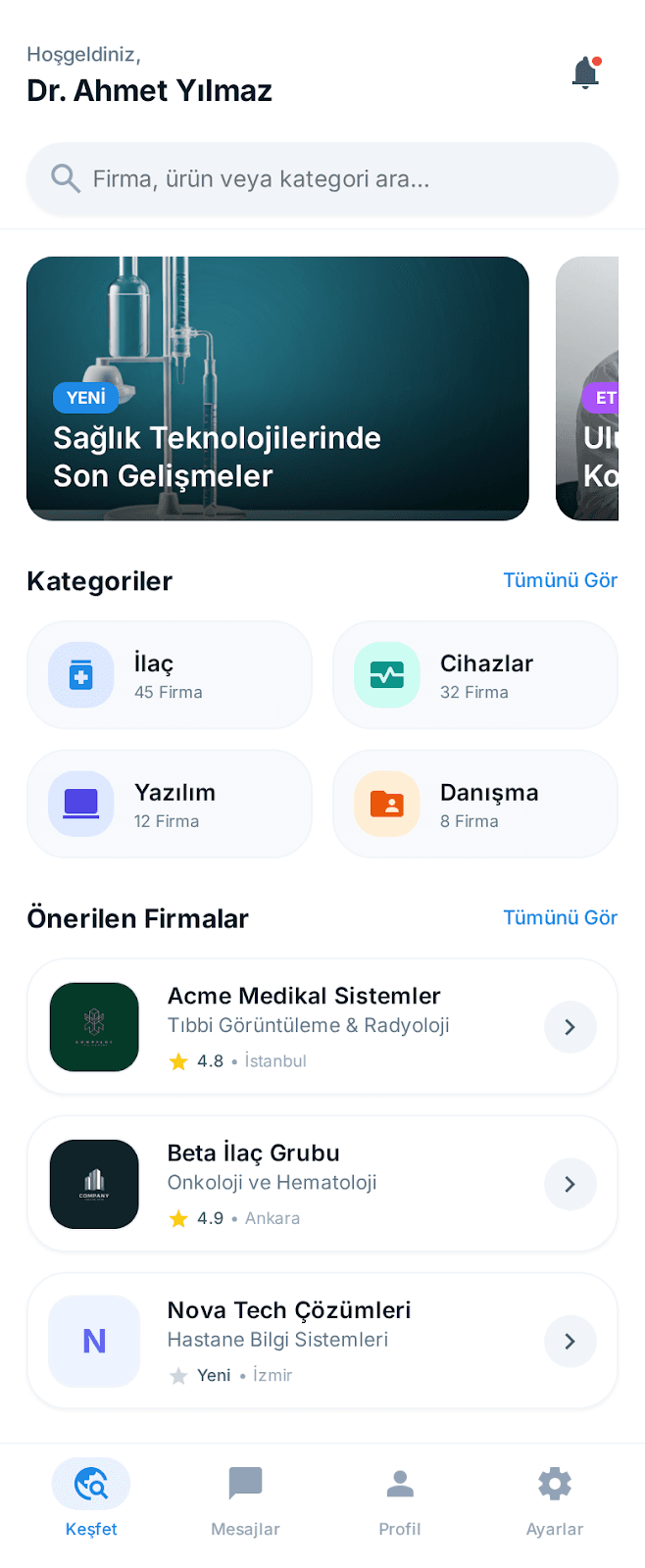 Tedarikçim mobil uygulamasında keşfet ekranı